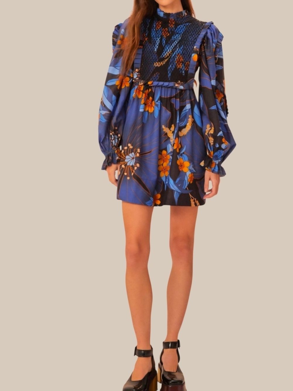 Farm Rio Blue Floral Long-Sleeve Mini Dress